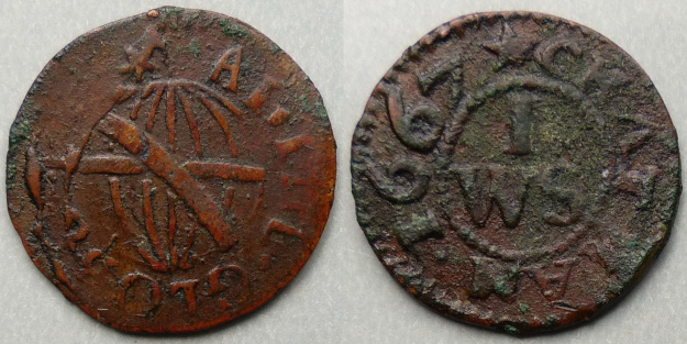 Chatham, W I (S) AT THE GLOBE 1667 farthing Chatham, W I (S) AT THE GLOBE 1667 farthing